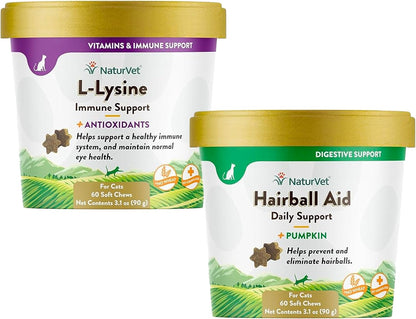 NaturVet L-Lysine Immune Support Plus Antioxidants Cat Supplement - 60 Soft Chews - Hairball Aid Supplement for Cats - 60 Soft Chews