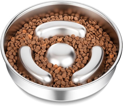 Slow Feeder Dog Bowl Stainless Steel，8-inch Diameter Dog Slow Feeder Bowl，Heavy Duty with Non-Slip Rubber Base，4Cups Capacity for Medium & Large Dogs to Slow Down Eating