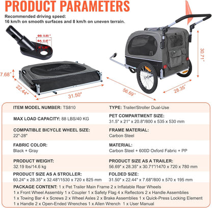 VEVOR Dog Bike Trailer, Supports up to 66/88/100 lbs, 2-in-1 Pet Stroller Cart Bicycle Carrier, Easy Folding Cart Frame with Quick Release Wheels, Universal Bicycle Coupler, Reflectors, Flag