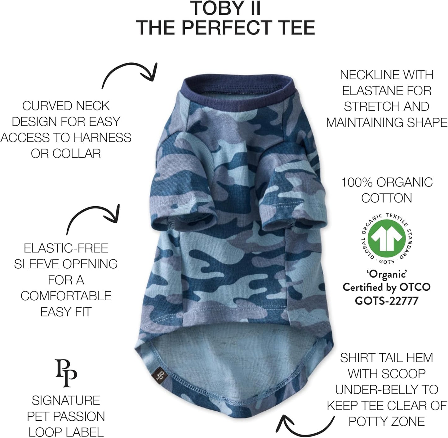 Toby II - The Perfect Tee, 3 Pack Short Sleeve Pet T-Shirt 100% Organic Cotton Tees Clothes for Small, Medium, Large Dogs, Navy Camo, Medium (20-45 lbs)