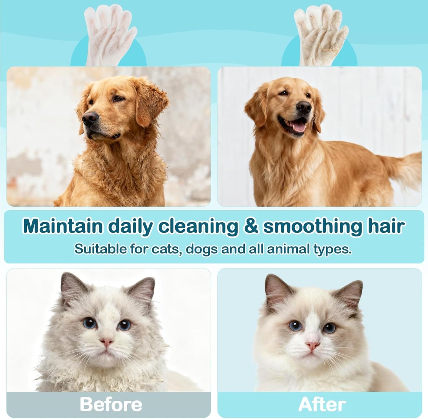 Pet Glove Wipes for Dogs - 8PCS Individual Pet Cleaning Gloves,Gentle Hydrating & Nourish Fur,Grooming Gloves for Dog & Cat Fur Horse Coat Care，Pet Bathing Wipes for Daily Care,Travel