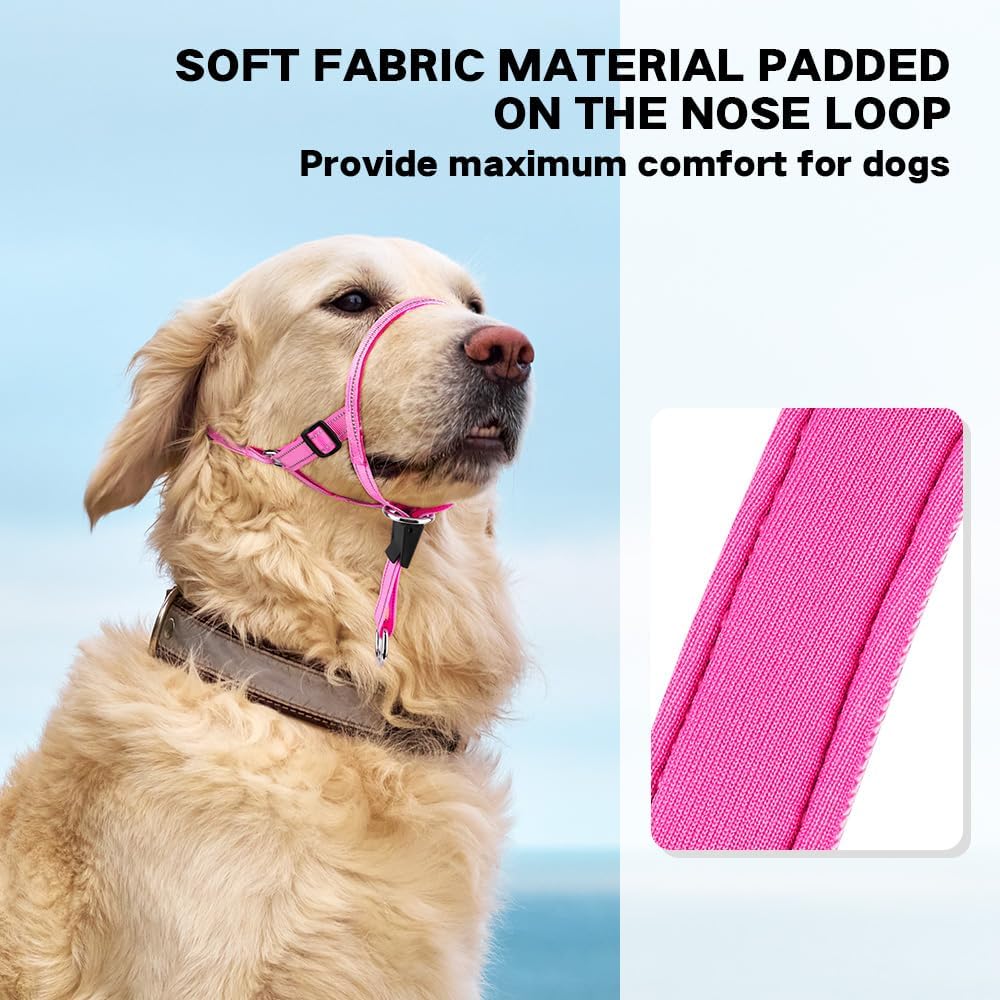 No-Pull Dog Headcollar - Reflective Halter Collar for Dogs, Padded Head Collar to Stop Heavy Pulling, Anti-Pull Muzzle Leash (Pink, Medium)