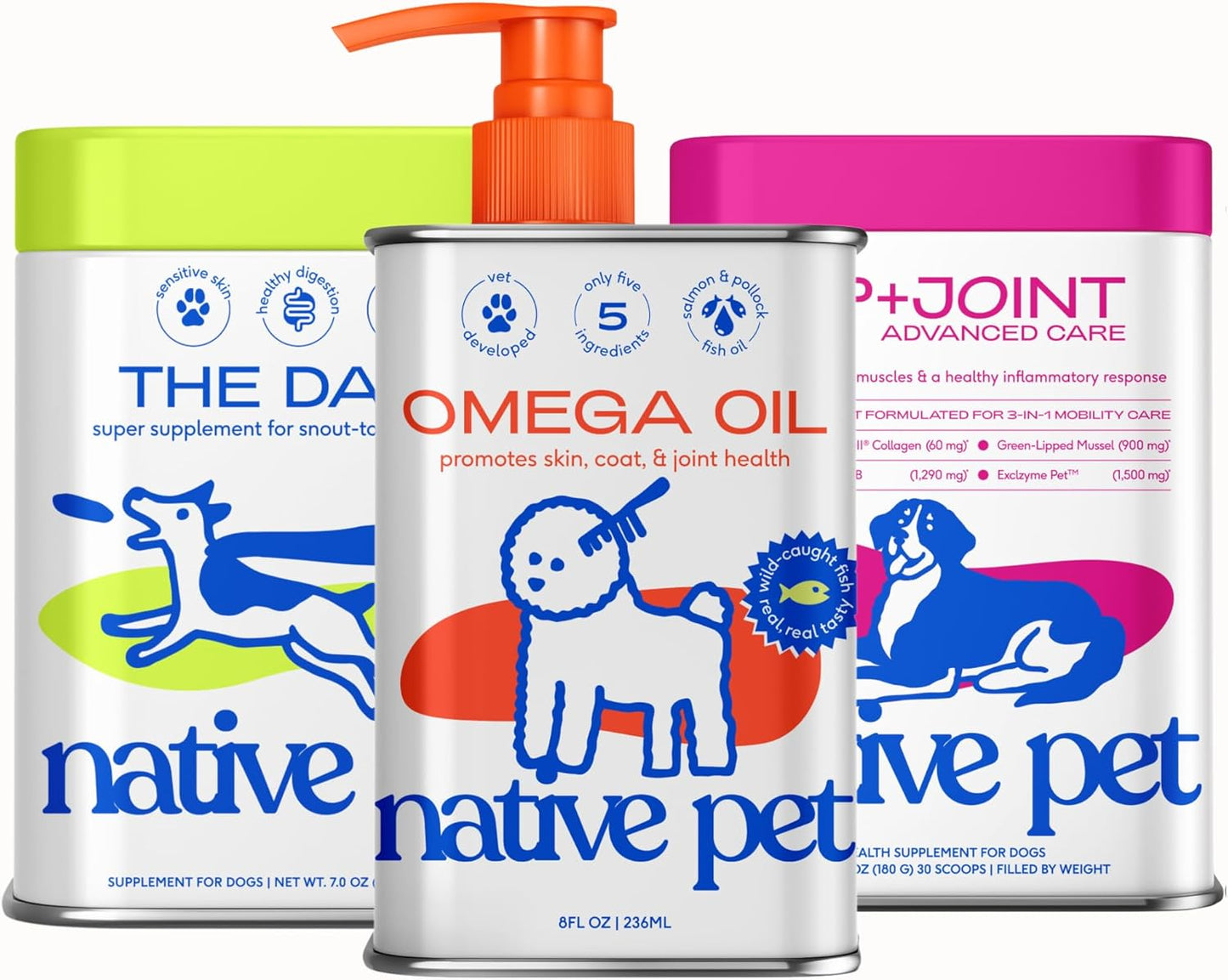 Native Pet Ageless Energy Bundle Pack: Advanced Care Hip & Joint Supplement for Dogs & The Daily 11-in-1 Multivitamin Powder - 30 Scoops, Omega 3 Fish Oil for Dogs & Cats - 8 Oz