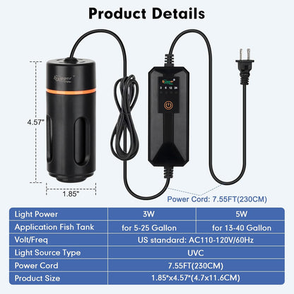 hygger Aquarium U-V Light with Timer, 360° Protective Shield Light for Green Water and Algae Cleaning with 2 PCS Replacement Bulbs for Freshwater Saltwater Tank (5W for 13-40 Gallon)