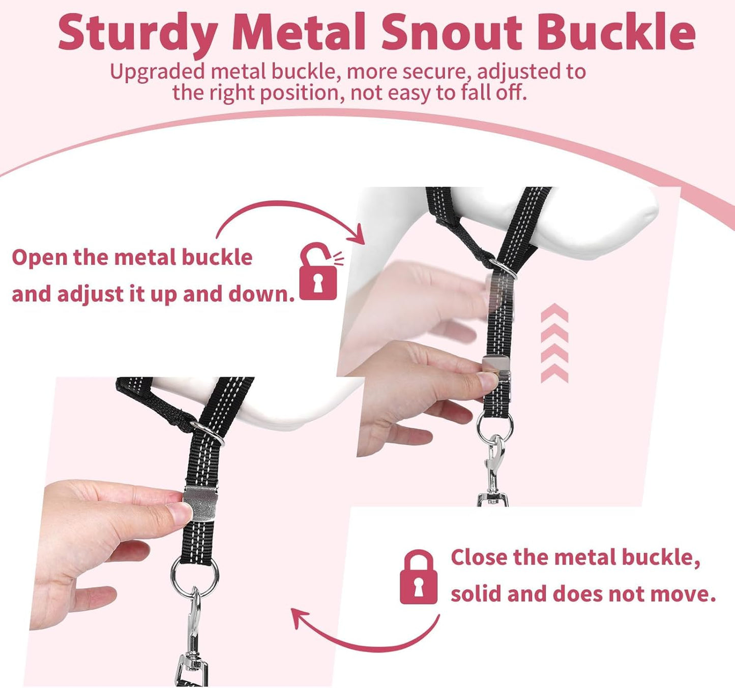 BARKLESS Sturdy No Pull Head Collar for Medium Large Dogs, Gentle Reflective Head Halter with Safety Link, Adjustable Nylon Dog Training Muzzle Leash for Walking Control (Hot Pink, XL)