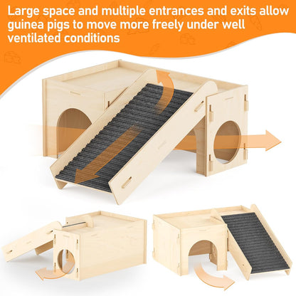 Guinea Pig Hideout House, Basic Large Wooden Hamster Hideout with Climbing Ladder & Rest Zone, Bunny Castle Tower Toy for Guinea Pig Chinchilla Gerbil Hedgehog Small Animal House Habitat Hut
