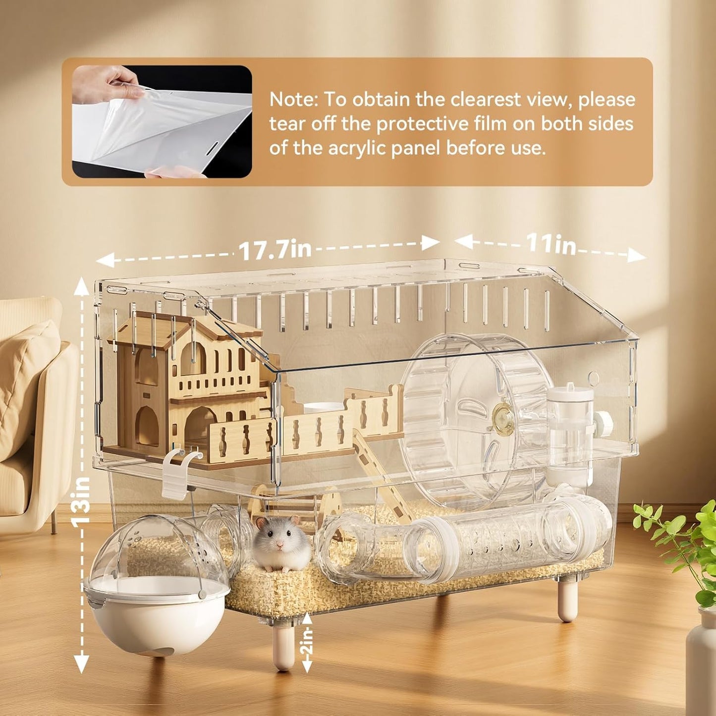 9-in-1 Acrylic Hamster Cage, Clear Dwarf Hamster Cage, with Tubes and All Accessories, 2-Tier Mouse Habitat, Easy to Clean, Suitable for Small Pets