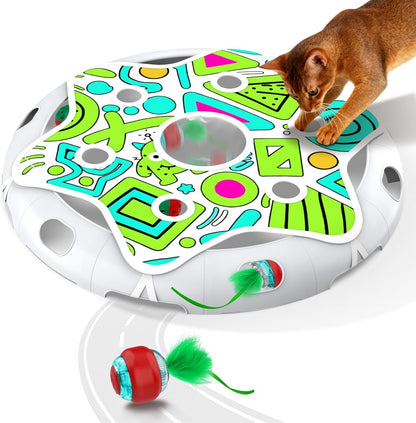 Cat Toys Maze Game Automatic Hide N Seek Cat Toy for Indoor Cats, Motion Activated Cat Ball with 3 Modes, Extra Feather & Bell Ball