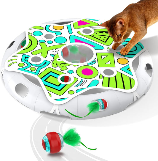 Cat Toys Maze Game Automatic Hide N Seek Cat Toy for Indoor Cats, Motion Activated Cat Ball with 3 Modes, Extra Feather & Bell Ball