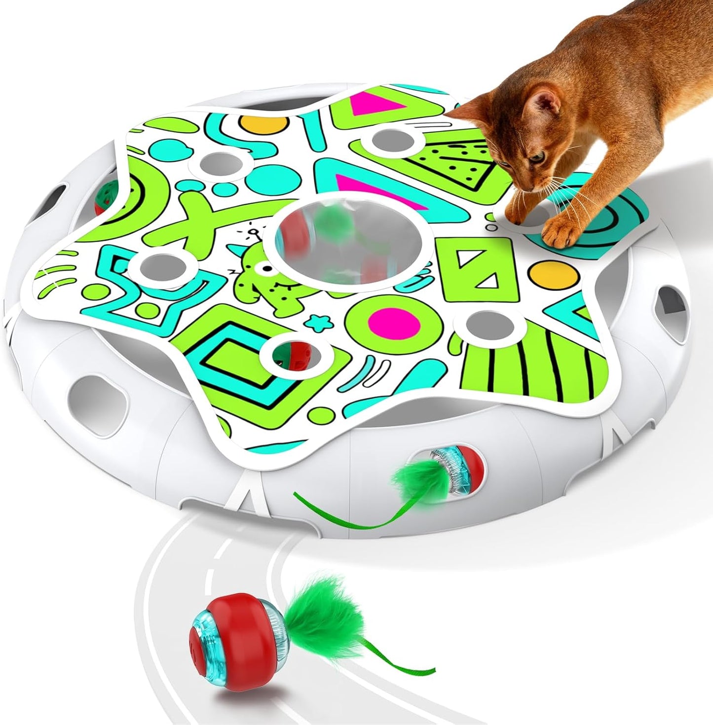 Cat Toys Maze Game Automatic Hide N Seek Cat Toy for Indoor Cats, Motion Activated Cat Ball with 3 Modes, Extra Feather & Bell Ball