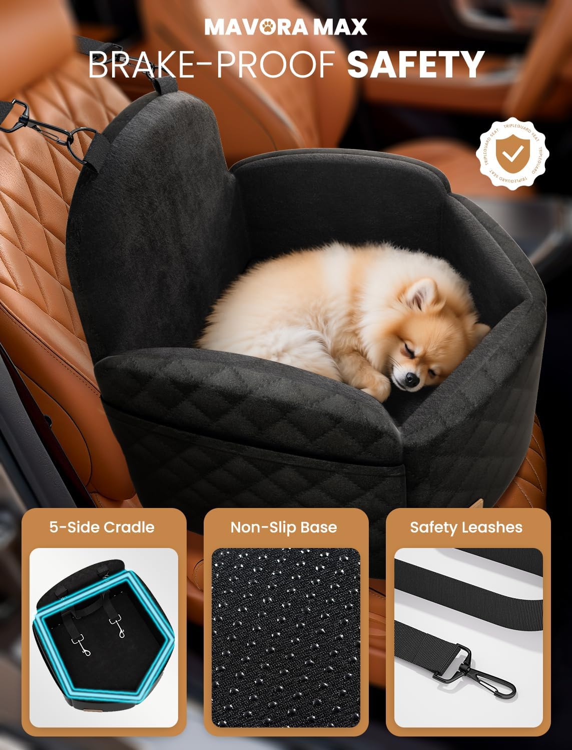 Dog Car Seat for Small/Medium Dogs, Elevated Dog Booster Seat Memory Foam Puppy Car Seat with Washable Cover, Travel Safety Pet Seat Bed for Car with Storage Pockets Up to 35 lbs (Black)