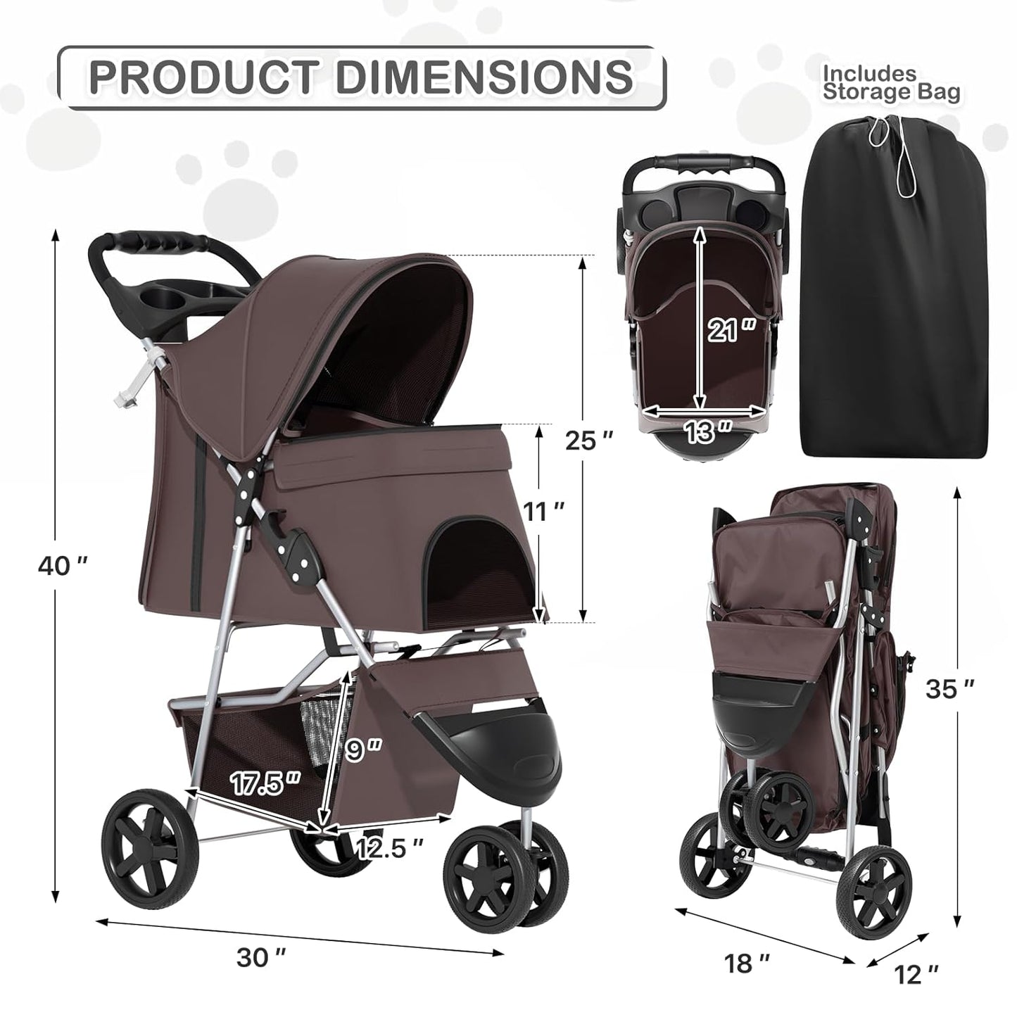 MoNiBloom Foldable Dog Strollers for Small Dogs with Weather Cover, 3 Wheels Pet Strolling Cart for Dogs and Cats with Storage Basket and Cup Holder, Breathable and Visible Mesh for All-Season, Coffee