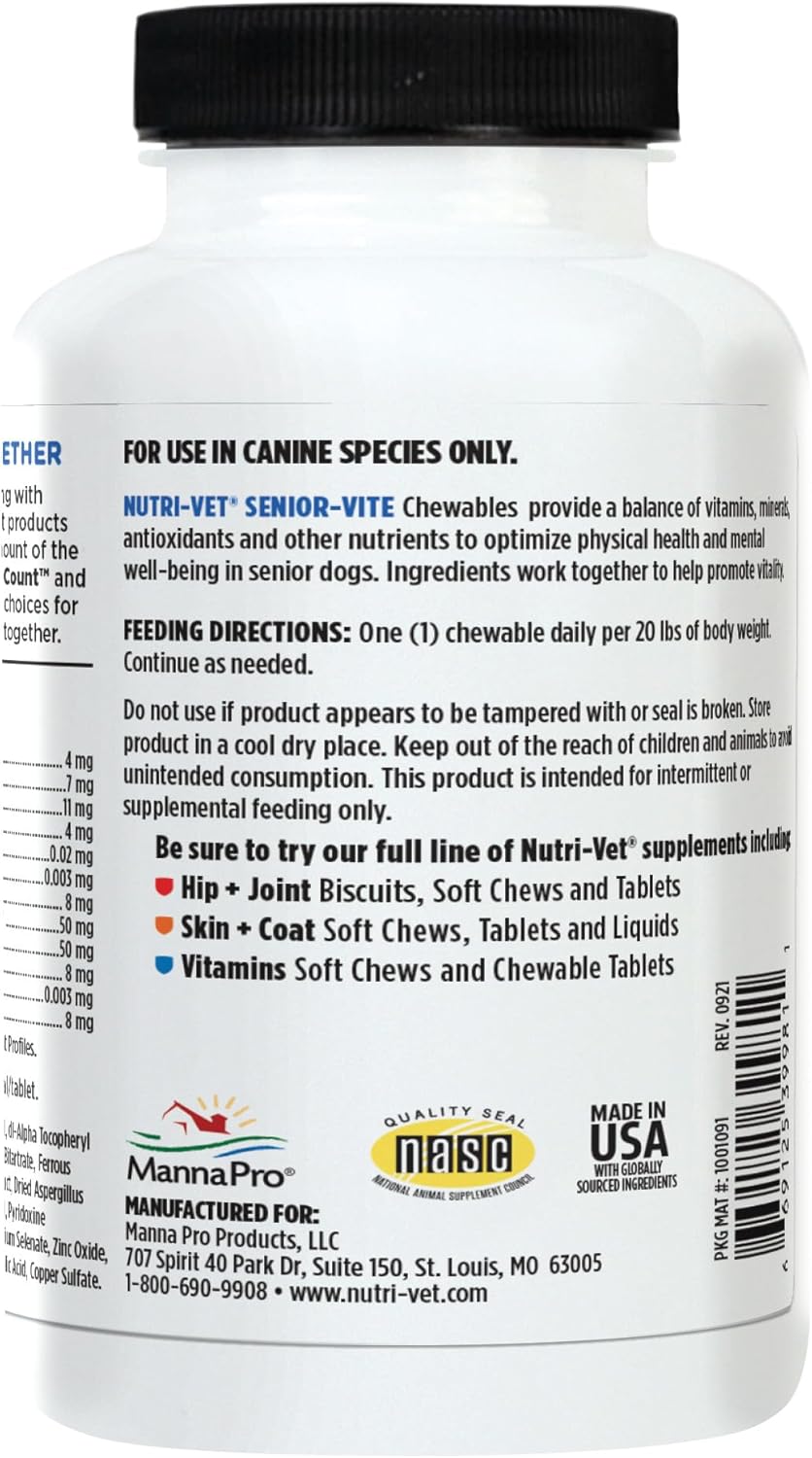 Nutri-Vet Senior-Vite Multivitamin, Dog Supplements, Immune Support, Pet Supplies, Vitamins for Dogs, Senior Essentials, Made in USA, Multivitamin for Pets, 120 Count