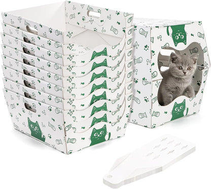SOUJOY 8 Pack Disposable Cat Litter Box, Sturdy White Cardboard Litter Boxes with Scoop, Anti-Splashing Foldable Enclosed Travel Litter Tray for Cats Puppies Small Pets, 16" L x 12" W x 6.7" H