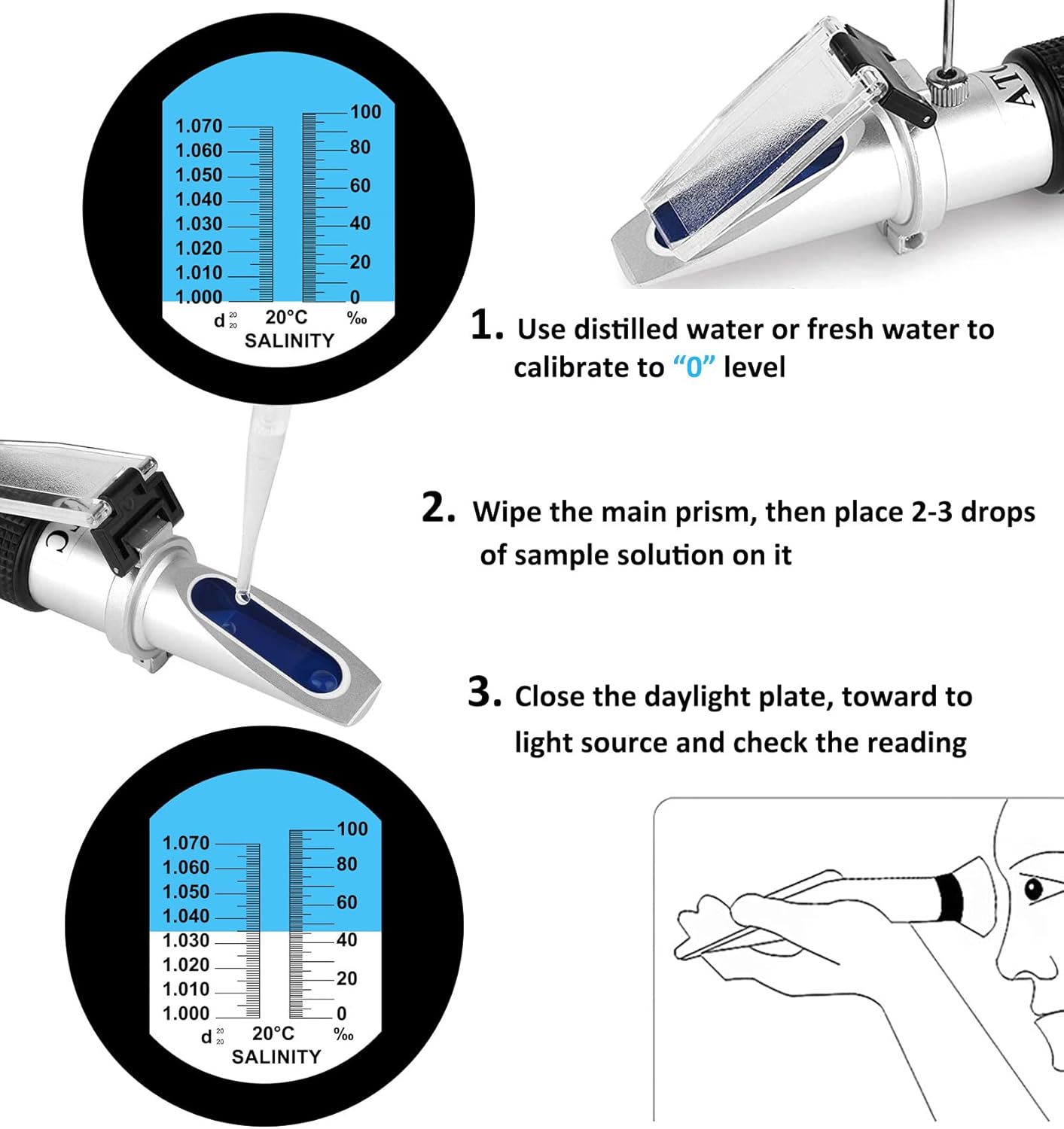 Salinity Refractometer for Aquarium Seawater Marine Fishkeeping Salinity Tester 0-100PPT & 1.000-1.070 Salinity Hydrometer Slatwater Refractometer with Automatic Temperature Compensation (ATC)
