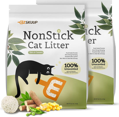 Non-Stick Box Tofu Cassava Cat Litter, 2Pack Ultra Clumping Low Tracking Kitty Litter, Natural Biodegradable Litter, Plant Odor Control, Low Dust Easy to Scoop, Light Color for Health Tracking,18Lb