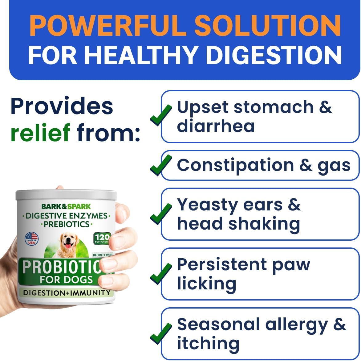 Bark&Spark Dog Probiotics & Digestive Enzymes (Gut Health) Allergy & Itchy Skin - Pet Diarrhea Gas Treatment Upset Stomach Relief Pill, Digestion Health Prebiotic Supplement Tummy Treat (120Ct Bacon)
