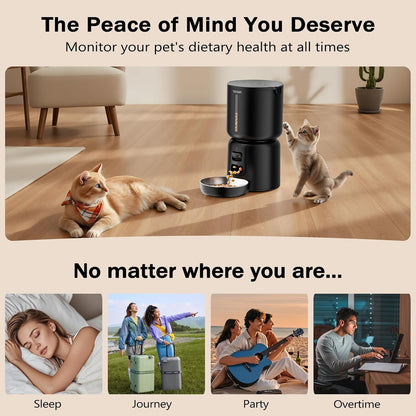 Automatic Cat Feeder with Camera, 4L Automatic Pet Feeder, Dual Power Supply, Programmable Cat Food Dispenser with 2MP Night Vision & Two-Way Audio for Cats and Small Dogs, Black