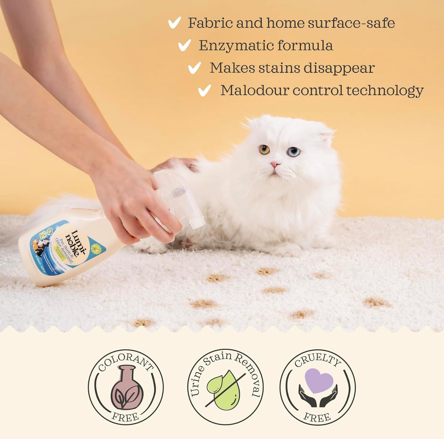 Lumi-Noble Pet Stain & Odor Remover Spray – enzyme cleaner for dog urine and poop carpet, Upholstery & Fabrics – Eliminates Cat Pee, Feces, Vomit & Tough Stains, Eco-Friendly, Vegan, Citrus Scent