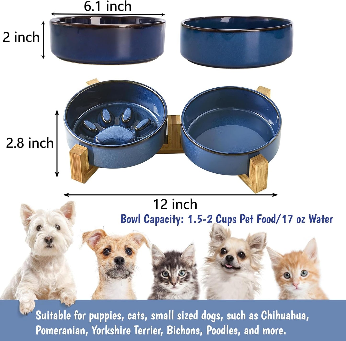 SOUJOY Ceramic Dog Cat Bowls Set with Stand, Non-Slip Elevated Small Dog Bowls, 2 Cups Slow Feeder Bowl Set, Dual Food and Water Bowls for Small Sized Dog, Puppy, Cat (6.1 in/17 oz)