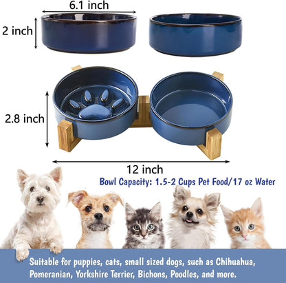 SOUJOY Ceramic Dog Cat Bowls Set with Stand, Non-Slip Elevated Small Dog Bowls, 2 Cups Slow Feeder Bowl Set, Dual Food and Water Bowls for Small Sized Dog, Puppy, Cat (6.1 in/17 oz)