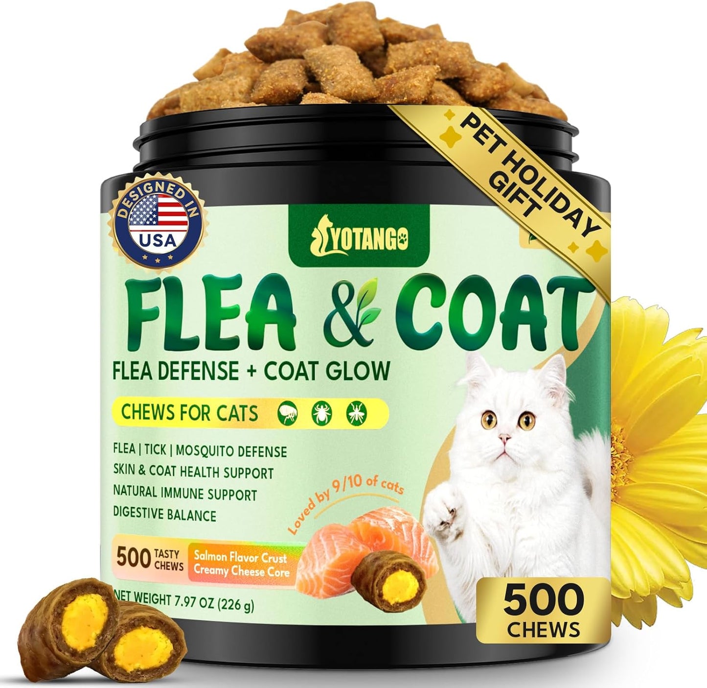 YOTANGO Cat Flea Treatment Crunchy & Creamy Chewables, 500 Chews Natural Flea and Tick Prevention for Cats + Skin and Coat Support, Daily Oral Supplement Chewables for Cats and Kittens (Salmon Flavor)