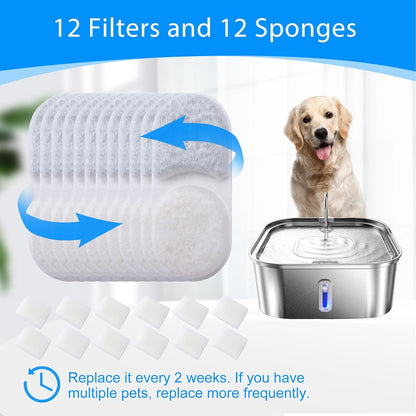 12+12PCS Large Dog Water Fountain Filter Compatible with MAILOFY 14L/3.7Gal Filtered Water Bowl for Large Dogs, Activated Carbon & Sponges for Stainless Steel Dog Fountain Water Bowl