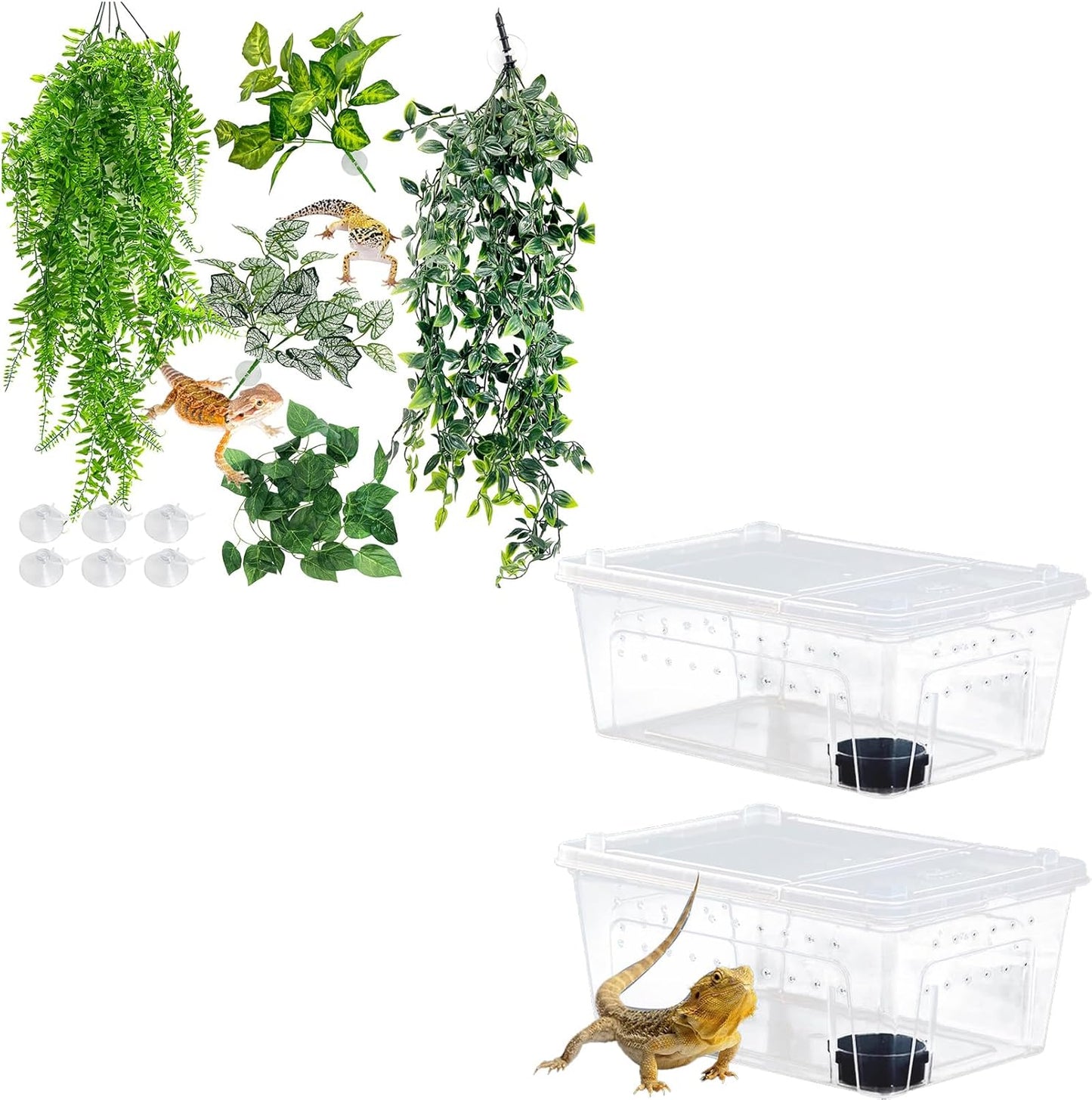 Hamiledyi 5 Pcs Reptile Plants Terrarium Hanging Fake Plant Leaves and Reptile Hide Box Gecko Hideout Cave with Sink Humidifier for Ball Python Bearded Dragon Chameleon Lizard