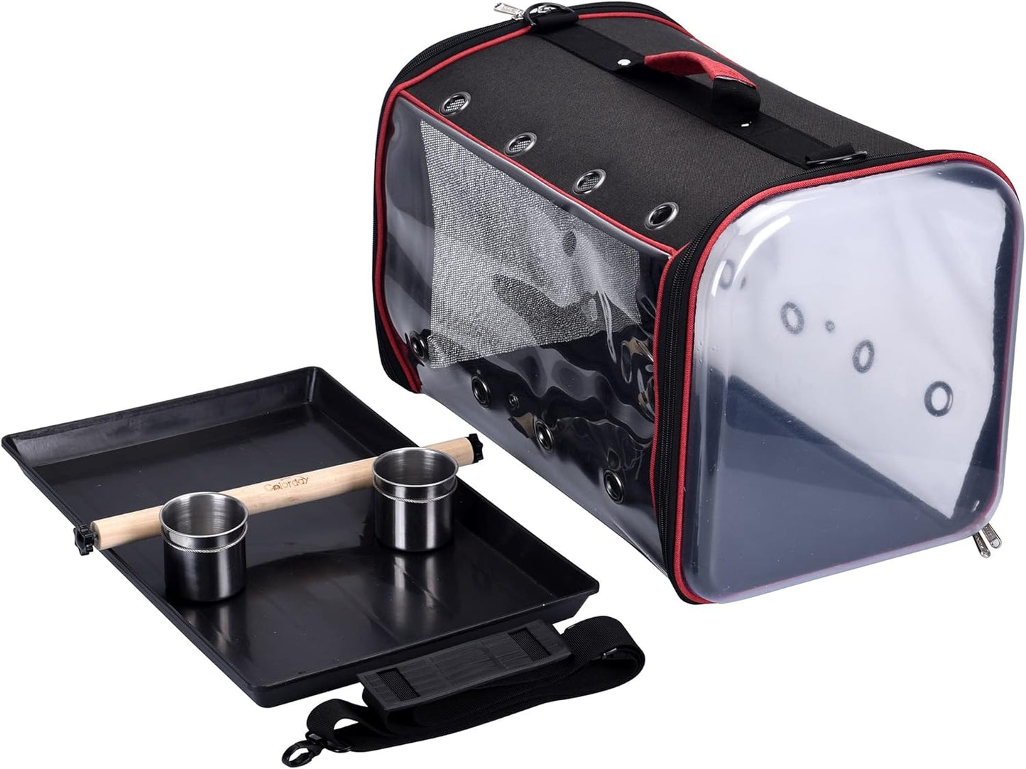 Colorday Lightweight Bird Carrier for Travelers, Bird Travel Cage with Parrot Feeder Cups & Standing Perch and Tracy (Large 19 x 12 x 13 inch, Black)