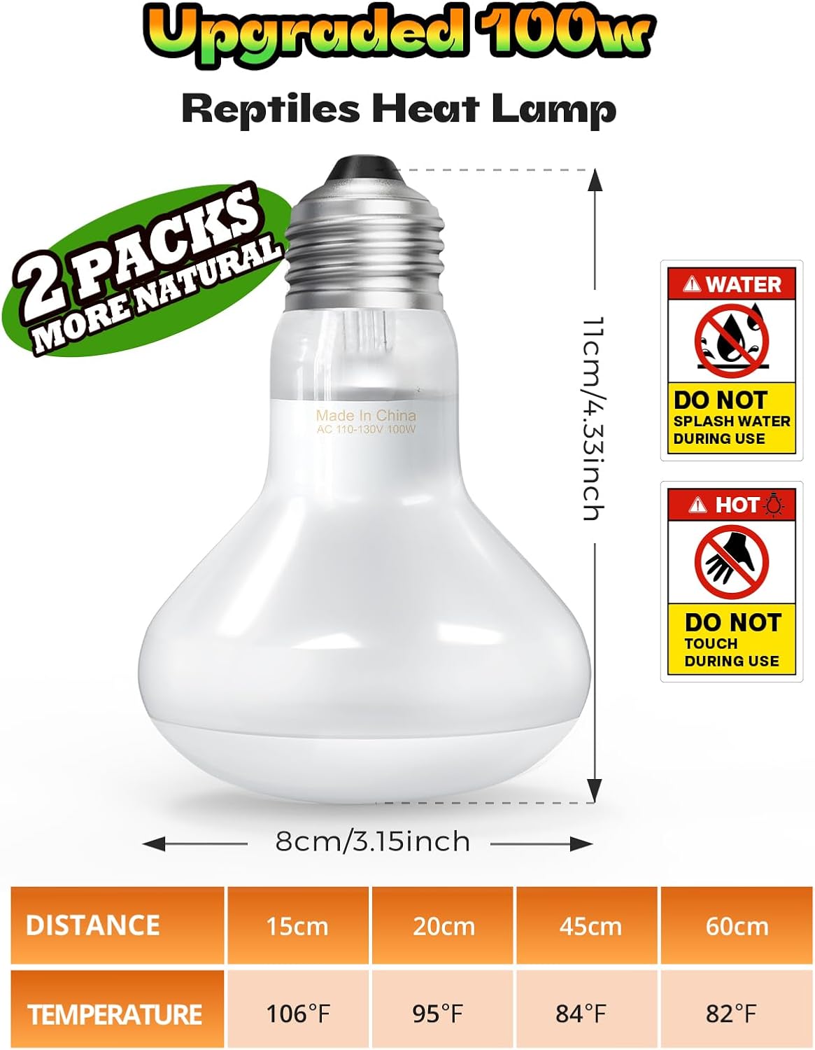Reptile Heat Lamp 2 Pack, 100W Heat Lamp Bulbs for Reptiles, Amphibians Basking Heat Lamp Bulbs, UVA Daylight Basking Light for Reptiles, Bearded Dragon, Lizard, Turtle, Chicken