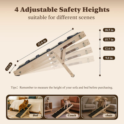 2025 Small Dog Ramp for Small Dogs Cat with Removable Safety Side Rails,Adjustable Height from 9'' to 18.5",Foldable Dog Ramp for Low Bed Sofa,Wooden Pet Ramps for Bed Couch