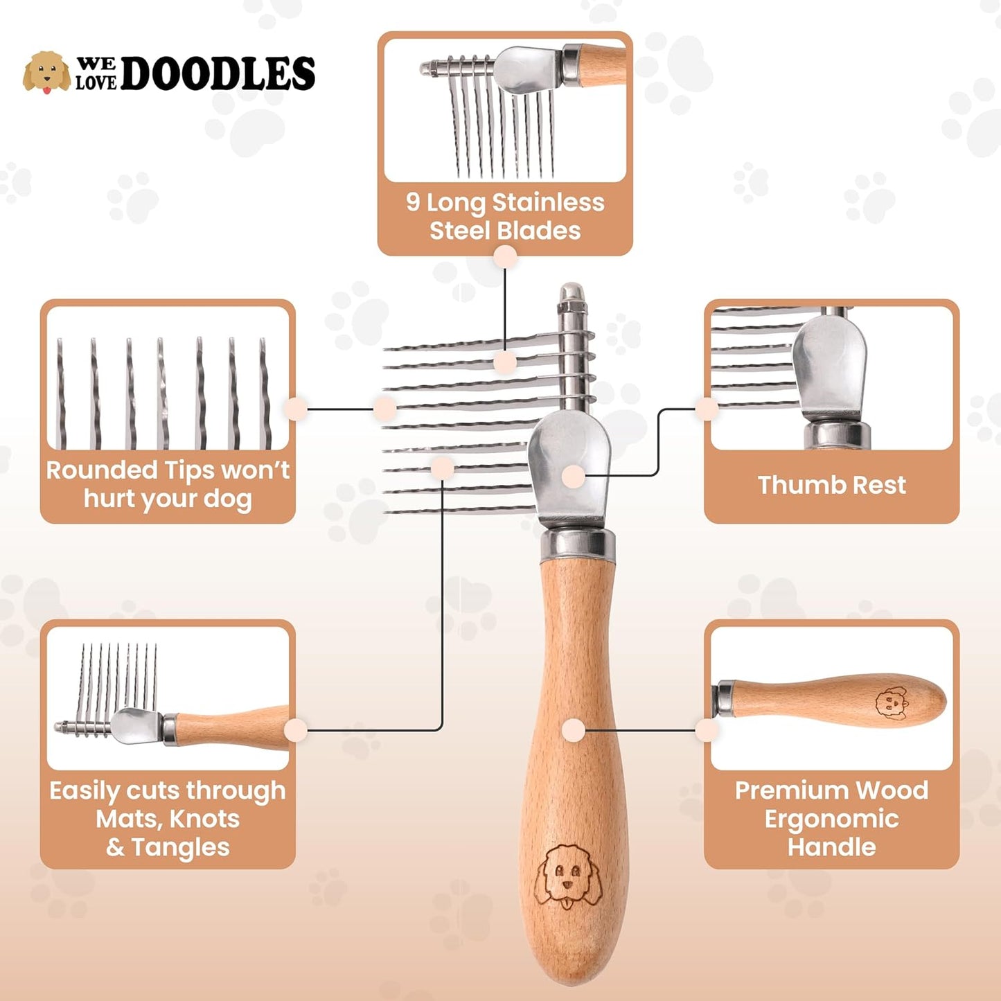 We Love Doodles Dog Dematting Brush & Rake, Detangler Brush for Dogs, Comb Tool for Grooming, Best for Doodles, Poodles, Goldendoodles, Cats & Other Pets, Matted Fur Removal On Undercoat