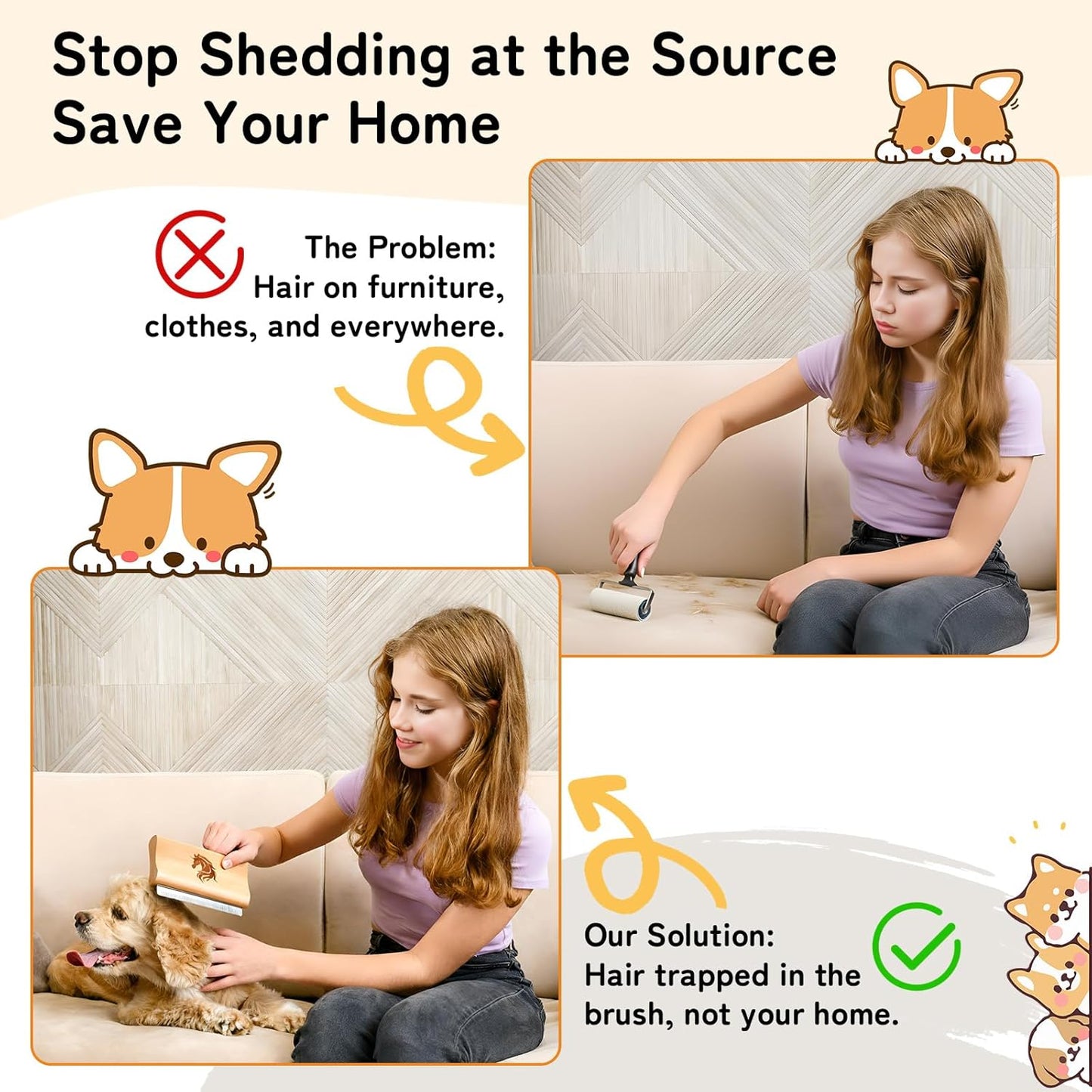 Deshedding Grooming Tool for Horses, Cats & Dogs Ergonomic Design Wooden Groom Brush Professional Grooming Tool Painlessly Remove Thick Short Long Hair Fur & Dirt