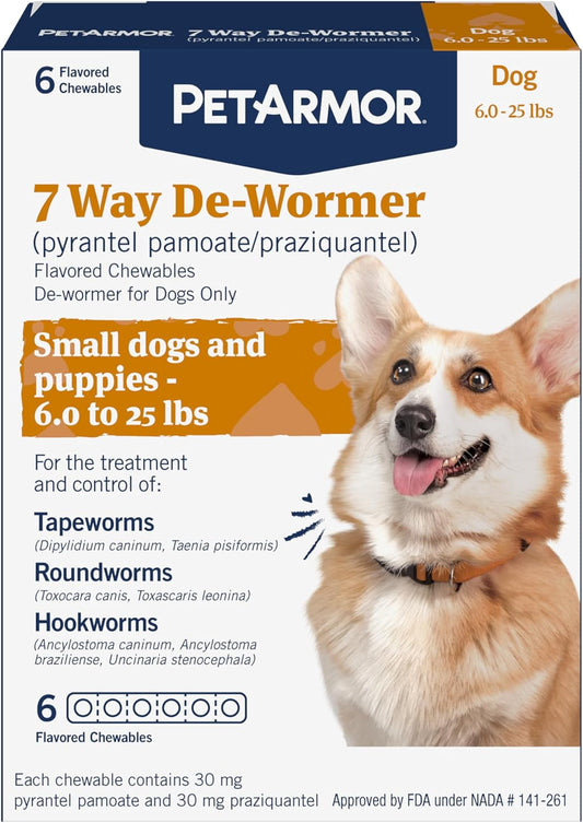 PetArmor 7 Way De-Wormer for Dogs, Oral Treatment for Tapeworm, Roundworm & Hookworm, Small Dog Dewormer (6-25 lbs) with Praziquantel & Pyrantel Pamoate, 6 Flavored Chewables