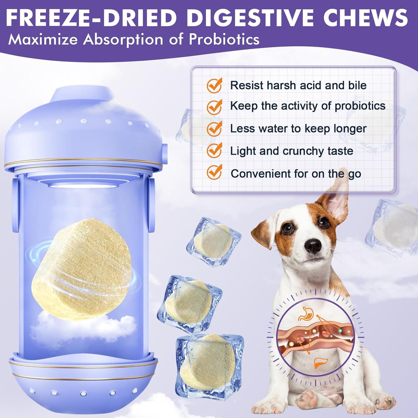 Probiotics for Dogs, Freeze-Dried Dog Probiotics and Digestive Enzymes, Plus Omega-3 for Itchy Skin, 3-in-1 Prebiotics for Digestive Health, Dog Vitamins and Supplements for Immune Health, 120 Bites