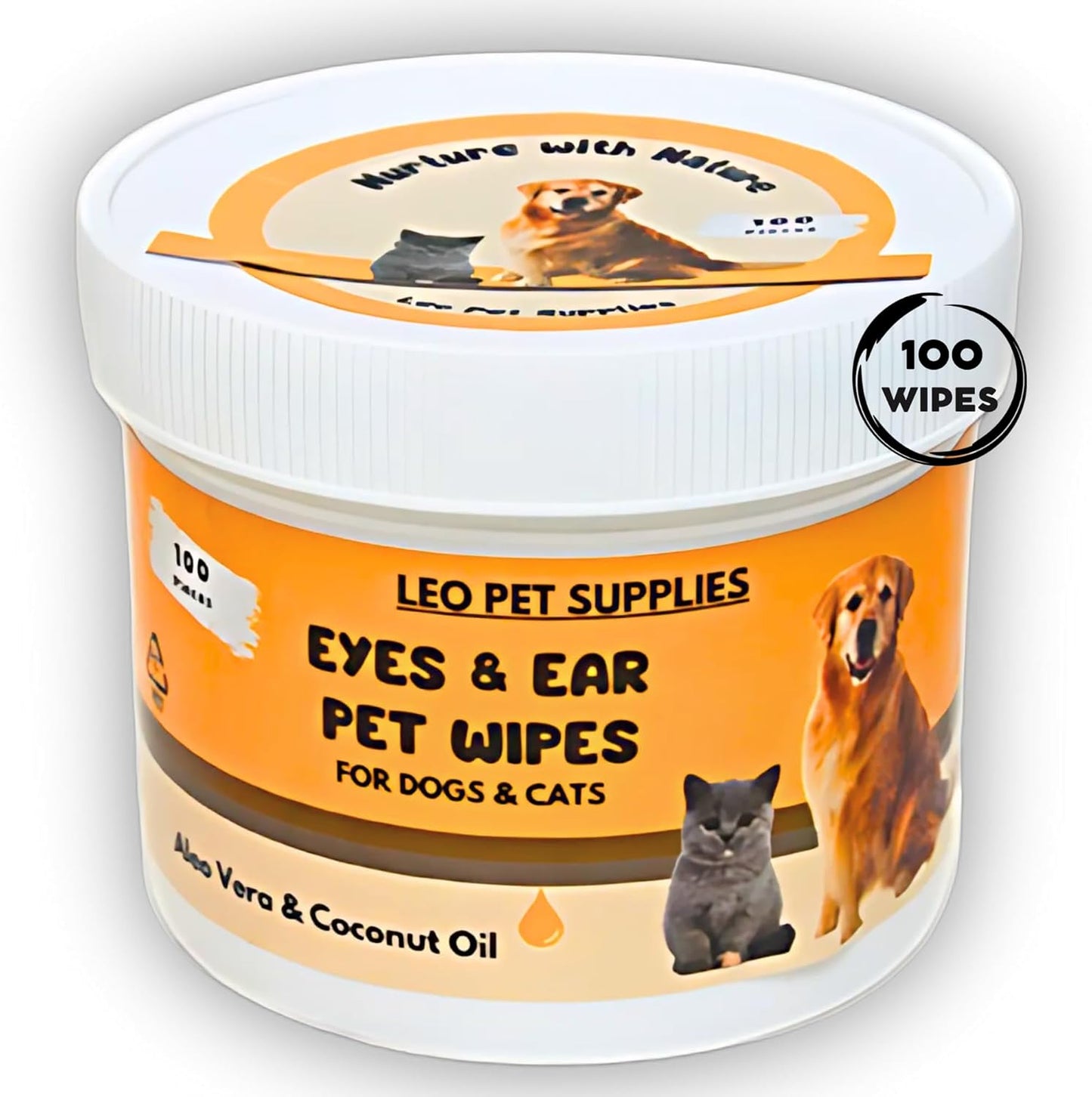 Eye & Ear Wipes for Pets - (100 Count) - Cleanser for Dogs and Cats, Non-Irritating Ingredients; Aloe Essence and Coconut Oil, Specially formulated, Everyday use, Unscented