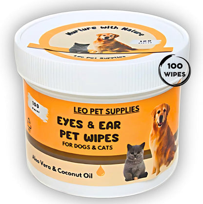 Eye & Ear Wipes for Pets - (100 Count) - Cleanser for Dogs and Cats, Non-Irritating Ingredients; Aloe Essence and Coconut Oil, Specially formulated, Everyday use, Unscented