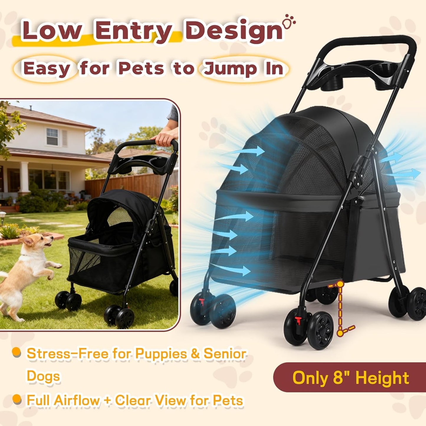 4-Wheel Pet Stroller for Small Medium Dogs with Removable & Detachable Carrier, Foldable Waterproof Dog Stroller with Breathable Mesh, Cup Holder, Storage Basket & Safety Leash (Pink)