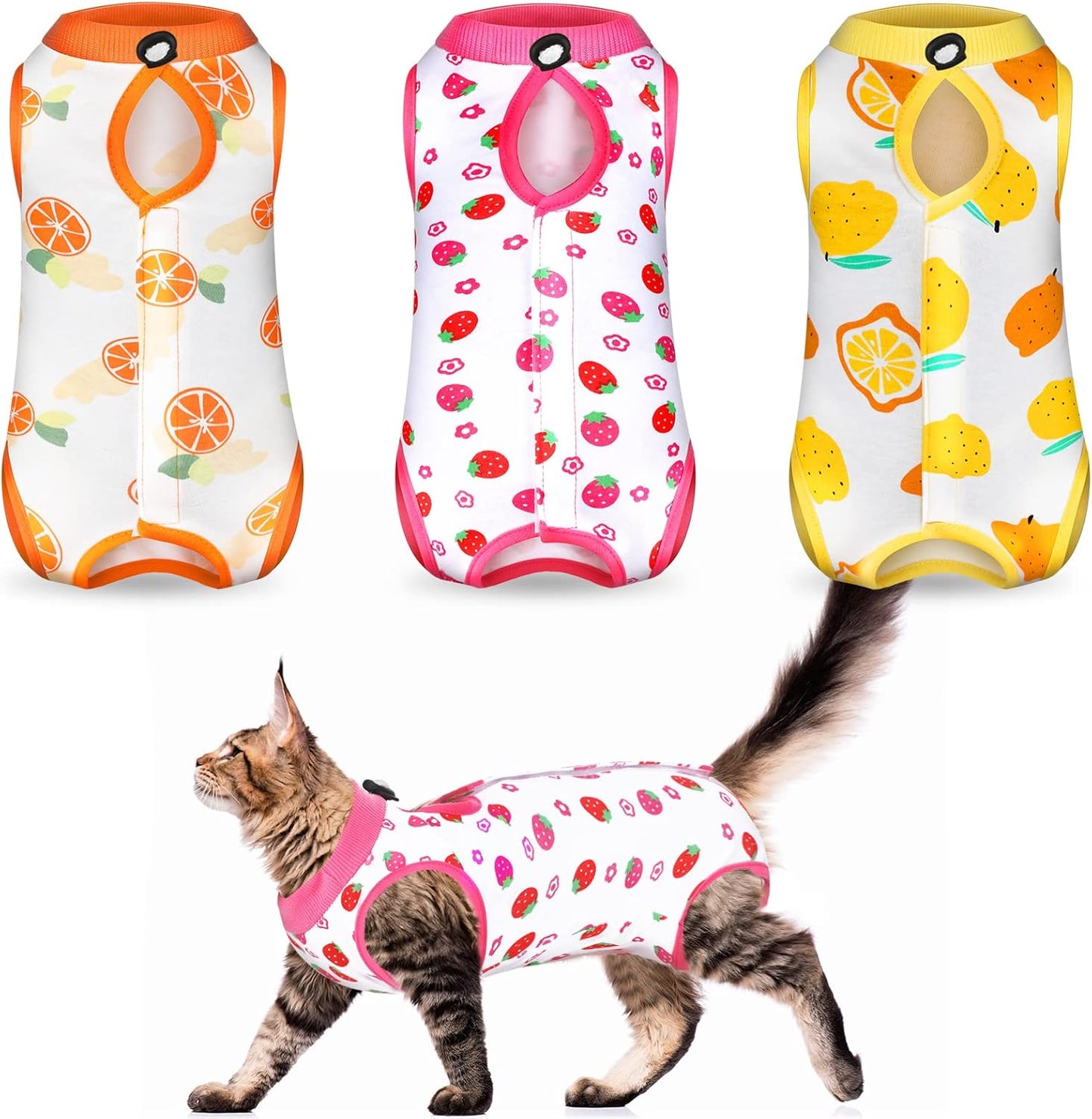 Nuanchu 3 Pieces Cat Recovery Suit Kitten Recovery Suit E-Collar Alternative for Cats and Dogs Abdominal Skin Anti Licking Pajama Clothes Sets(Large,Fruit Style,Colorful)