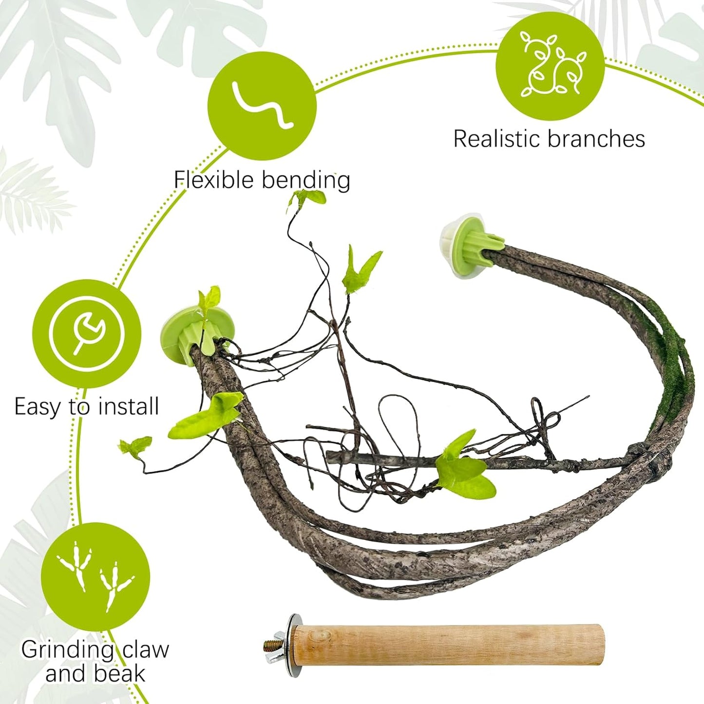 PINVNBY 2 Pcs Bendable Bird Perches & Wooden Perch Simulation Branch Parrot Perch Stand with Green Leaf Hanging Paw Grinding Fork Cage Accessories for Parakeet Budgie Finch Cockatiel Conure (Large)