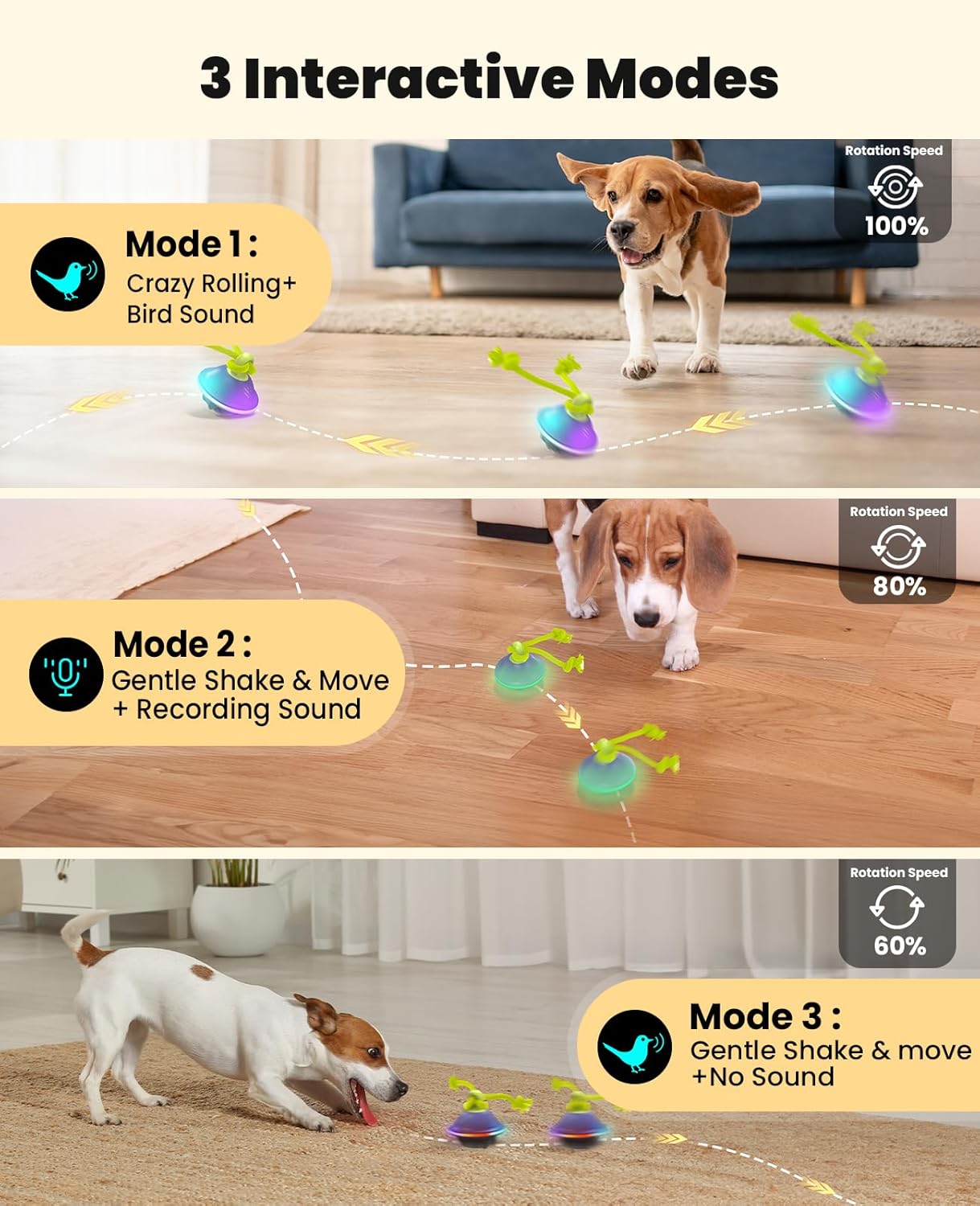 Smart Interactive Dog Toys, Automatic Moving and Rolling Dogs Ball with Rope, Motion-Activated Squeaky Ball for Small Medium Dogs for Boredom, RGB Lights, stimulating Sound, Voice Recording