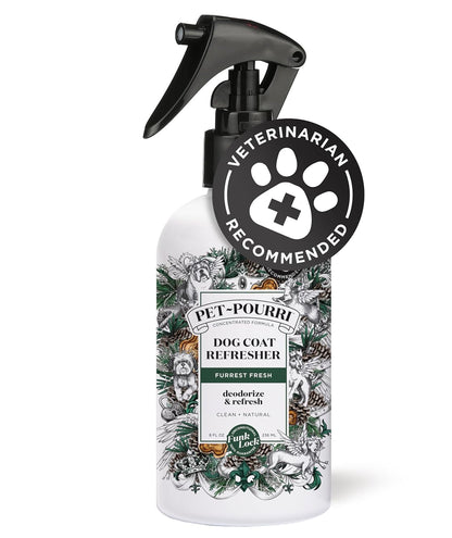 Poo-Pourri Furrest Fresh Dog Deodorizing Spray, 8 Fl Oz Grooming Perfume for Dog Coat, Pet Odor Neutralizer with Essential Oils, Vet Recommended, Paraben & Sulfate-Free Fir, Amber, & Cedarwood Scent