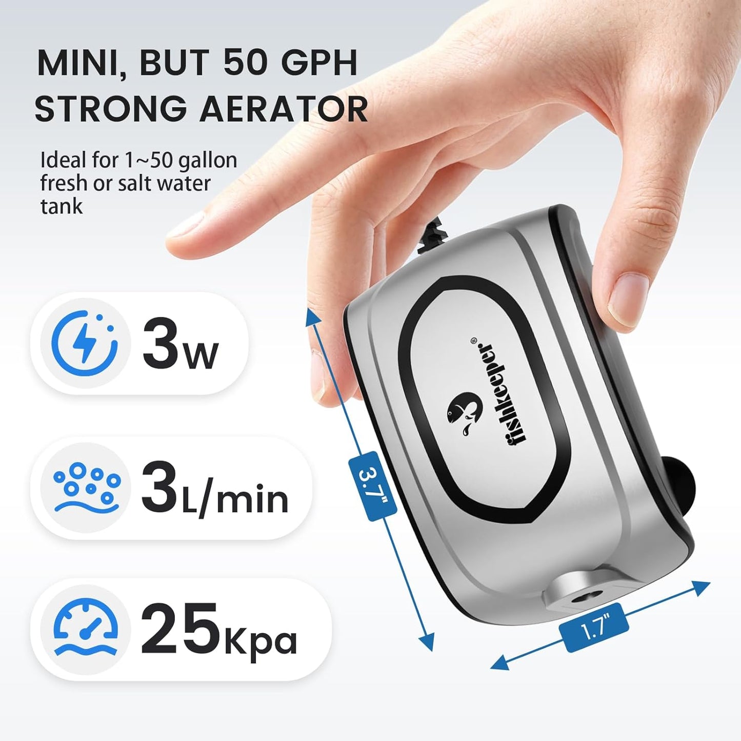 fishkeeper Quiet 3W/5W Aquarium Air Pump - Small & Powerful Dual Outlet Fish Tank Air Pump, Adjustable Oxygen Aerator Pump with Air Stone Bubbler Kits for 1-160Gal Fish Tanks (Silver-Gray, 2025 New)