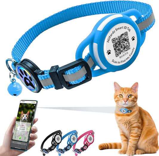 Cat Collar with Airtag Holder & QR Code Tag, Reflective Breakaway Kitten Collar with Quick Release Buckle, Adjustable Nylon Safety Collar for Indoor Outdoor Cats (Blue)