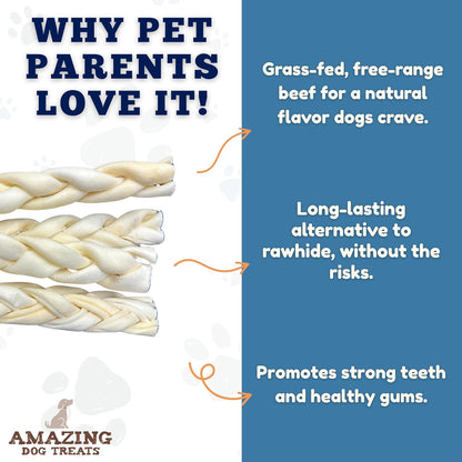 Amazing Dog Treats - Beef Cheek Braids Dog Chew (10-12 Inch - 25 Count) - NO Odor - Rawhide Alternative - Beef Cheek Slice Chip Sticks - No Dyes, Chemicals, or Preservatives