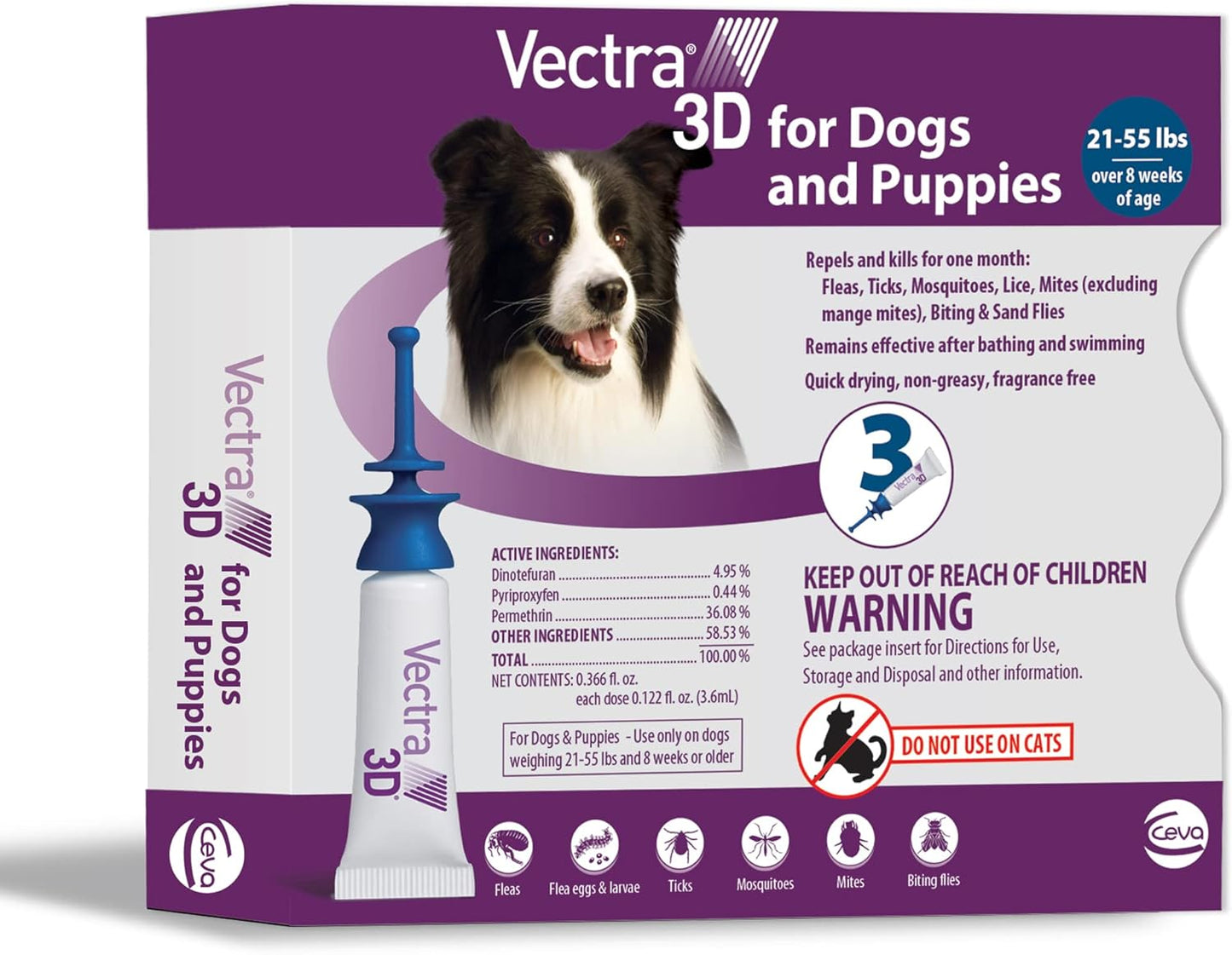 Ceva Vectra 3D Blue For Medium Dogs 21 - 55 lbs 3 Doses. Kills Fleas, Ticks and Mosquitos
