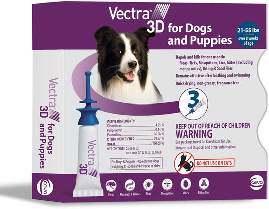 Ceva Vectra 3D Blue For Medium Dogs 21 - 55 lbs 3 Doses. Kills Fleas, Ticks and Mosquitos