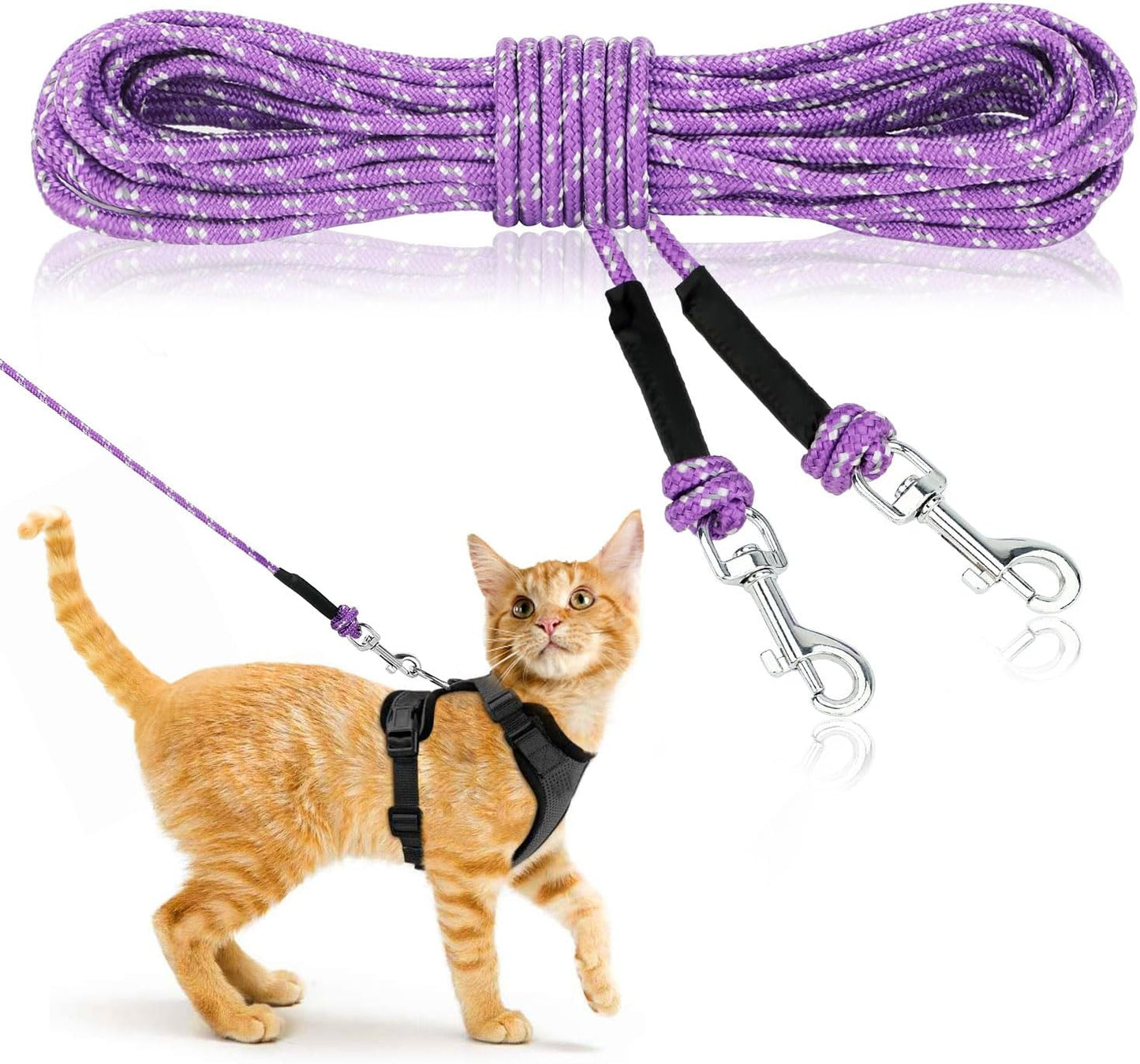 Rypet Reflective Cat Long Leash - 15 FT Escape Proof Walking Leads Yard Long Leash Durable Safe Personalized Extender Leash Traning Play Outdoor for Kitten, Puppy, Rabbit and Small Animals(Purple-S)