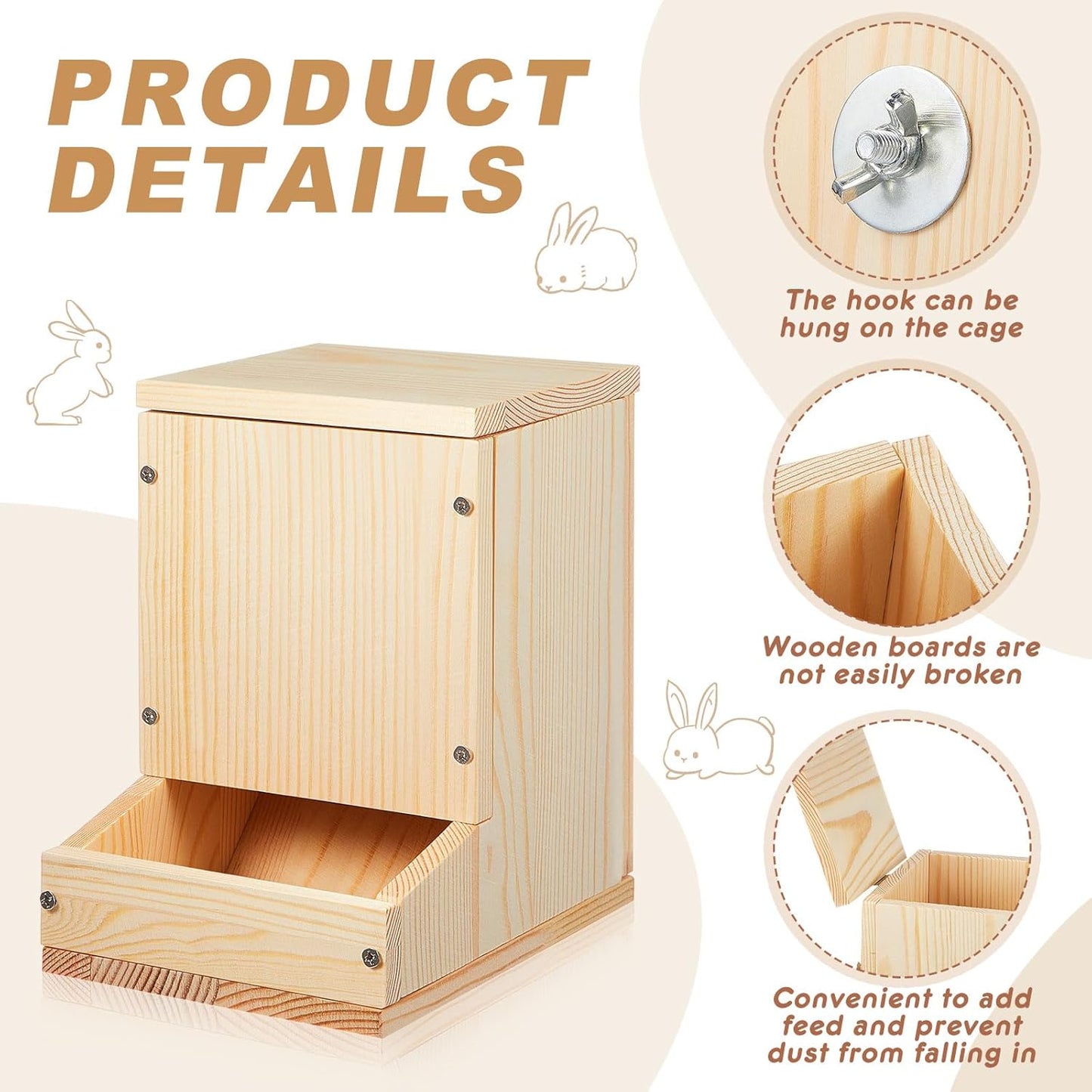 Maxcheck Wooden Rabbit Feeder for Cages, Automatic Small Animal Food Dispenser with Lid, Wood Chicken Grit Oyster Shell Feeders Outside, for Rabbits Ferrets and Other Small Pet Animals