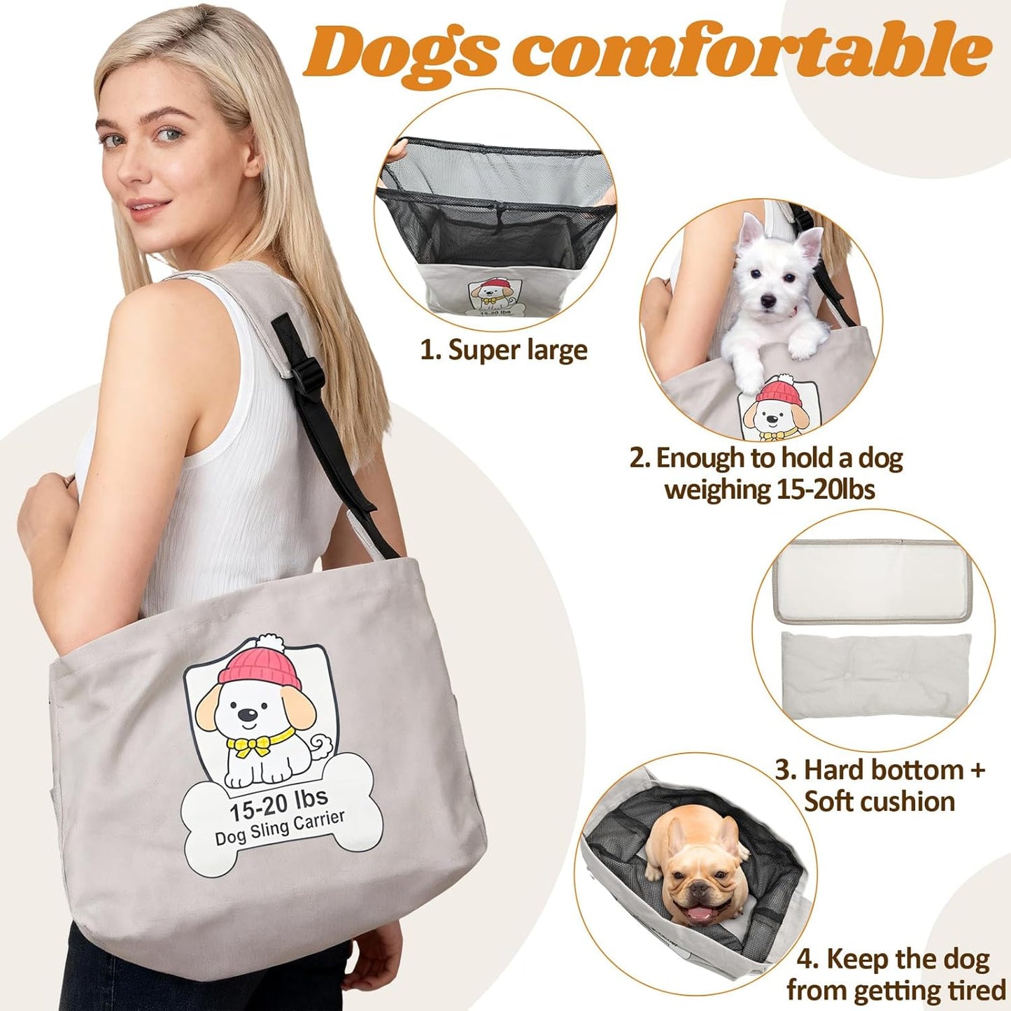 Dog Sling Carrier for 15-20lbs Fits French Bulldog, Westie, Golden Retriever Puppies, Corgi – Hands-Free Outdoor Carrier with Adjustable Oxford Strap, Hard Bottom Panel with Soft Cushion
